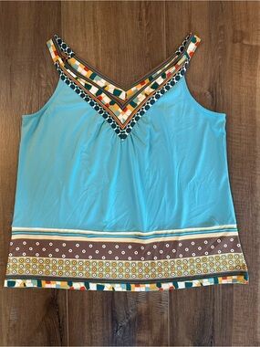 Trulli by LOFT Turquoise Blue Boho Geometric Border V-Neck Tank - Size Petite L
